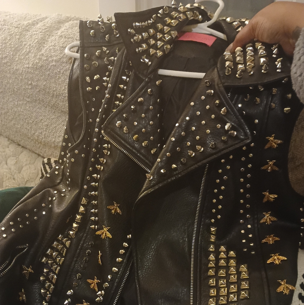 Studded Black Leather Vest with Gold Accents